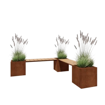 Jardinière en acier Corten - Carré - Configuration d'angle - 221,2 x 221,2 x 50 cm - Avec banc - Sanc plaque de fond