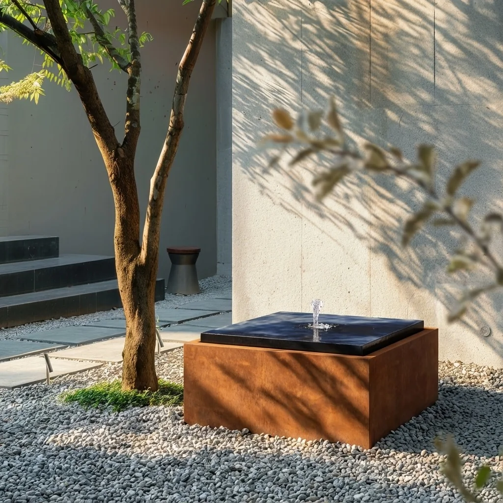 Tables d'eau en acier Corten - Orin - 80 x 80 x 40 cm - Avec éclairage LED