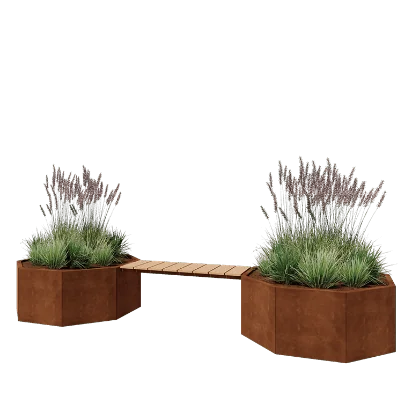 Jardinière en acier Corten - Octogone - 362,6 x 120,7 x 50 cm - Avec banc - Sanc plaque de fond