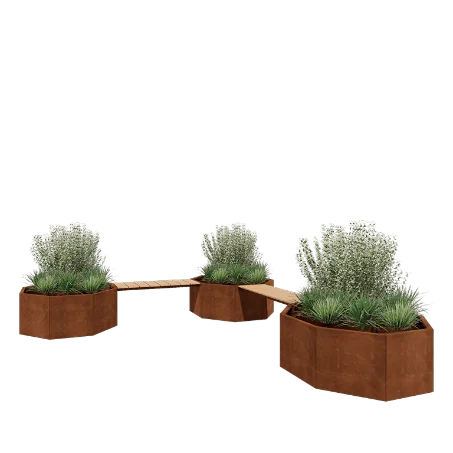 Jardinière en acier Corten - Octogone - Configuration d'angle - 362,6 x 120,7 x 50 cm - Avec banc - Sanc plaque de fond