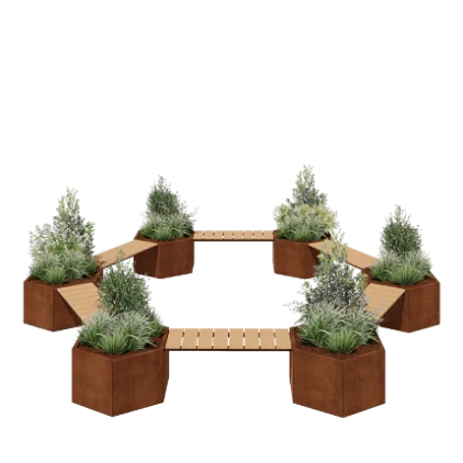 Jardinière en acier Corten - Configuration feu de camp - 502,2 x 459,2 x 50 cm - Avec banc - Sanc plaque de fond